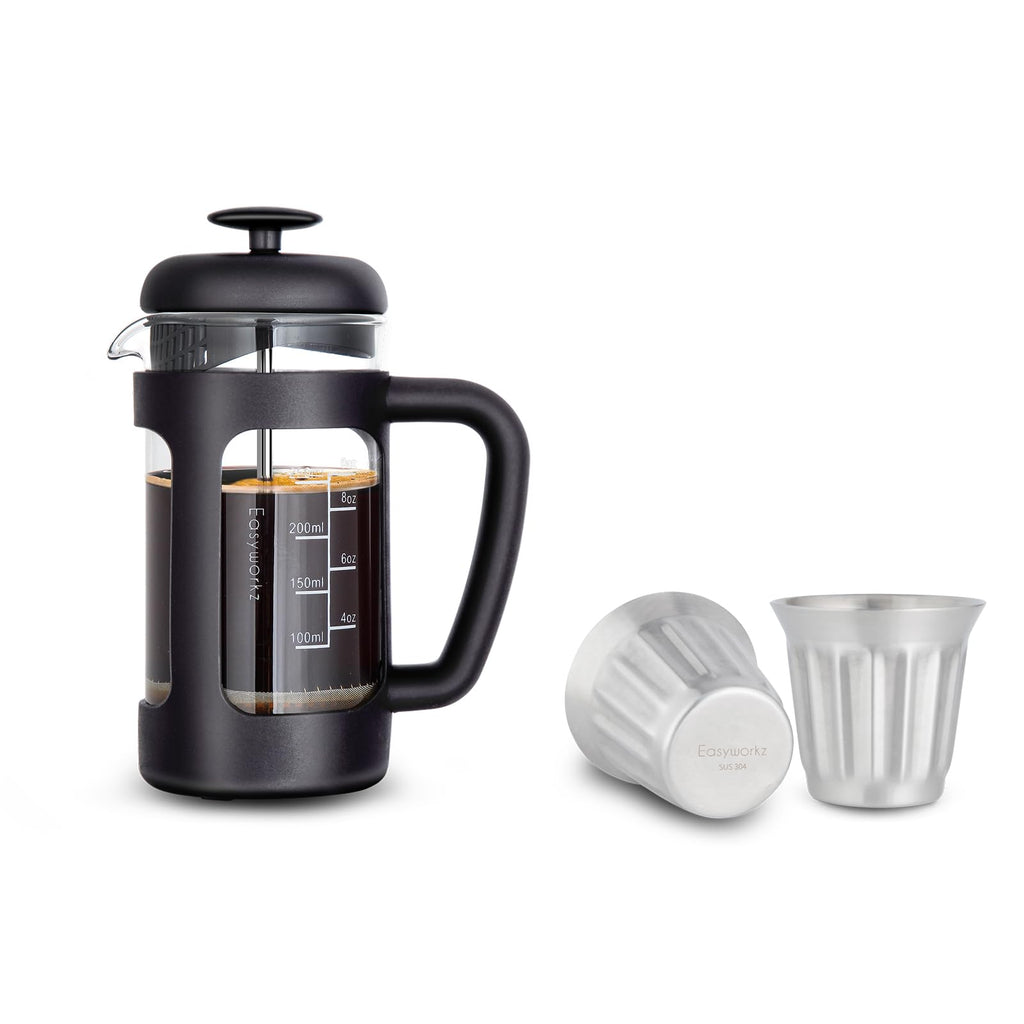 French Press 12 oz and Stainless Steel Double-Wall Espresso Cups 5 oz Set of 2 R70829