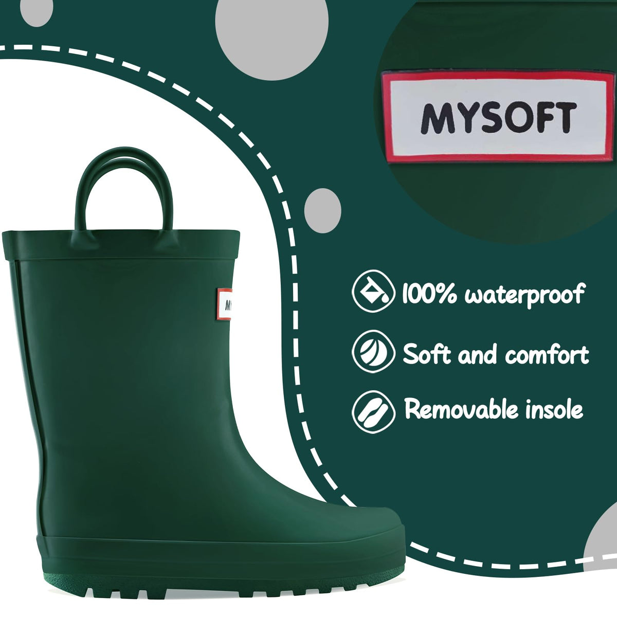 Toddler Rubber Waterproof Rain Boots with Handle C3460