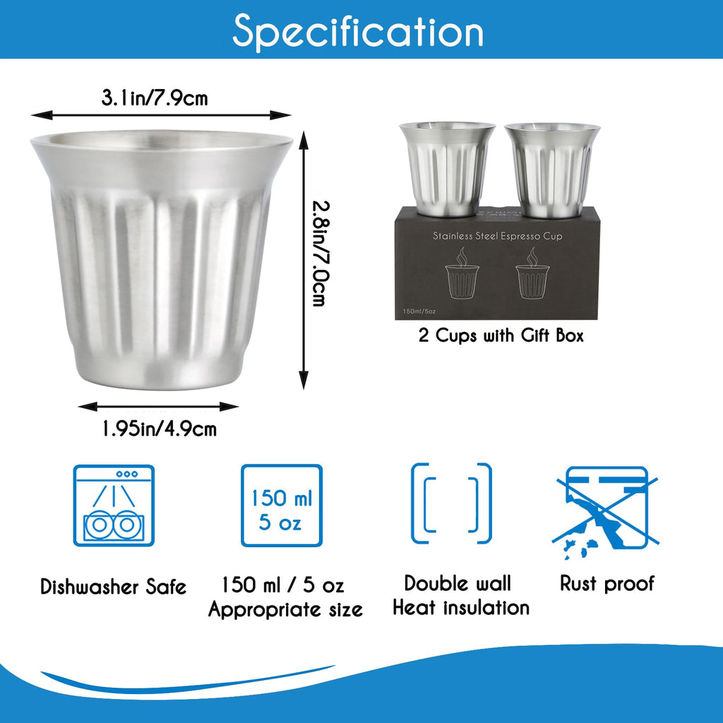 French Press 12 oz and Stainless Steel Double-Wall Espresso Cups 5 oz Set of 2 R70829