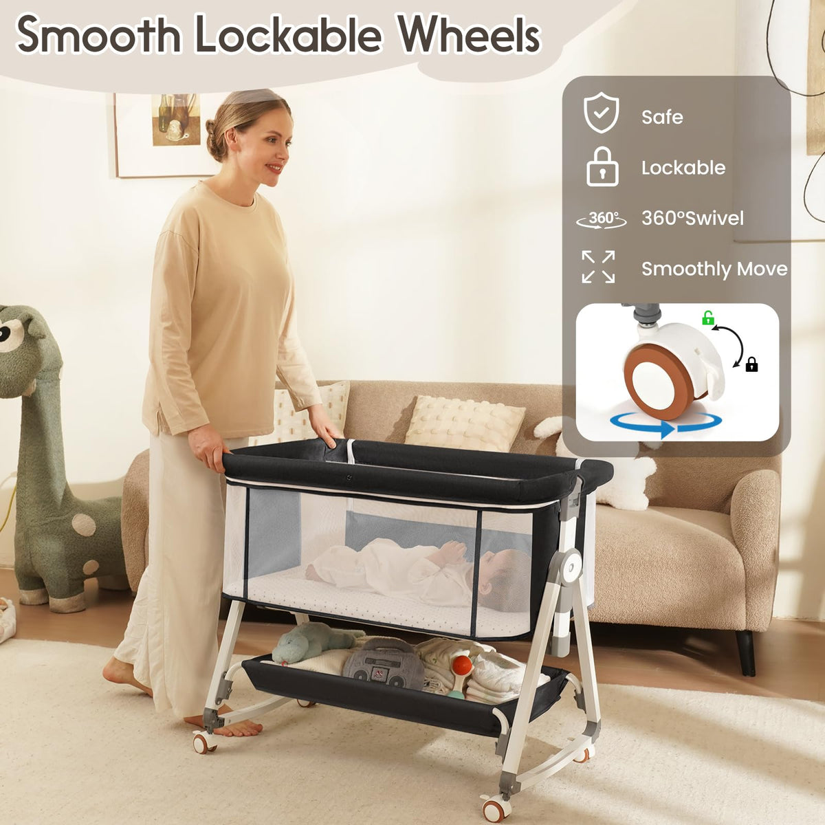 3 in 1 Baby Bassinets Bedside Sleeper with Storage Basket S531056