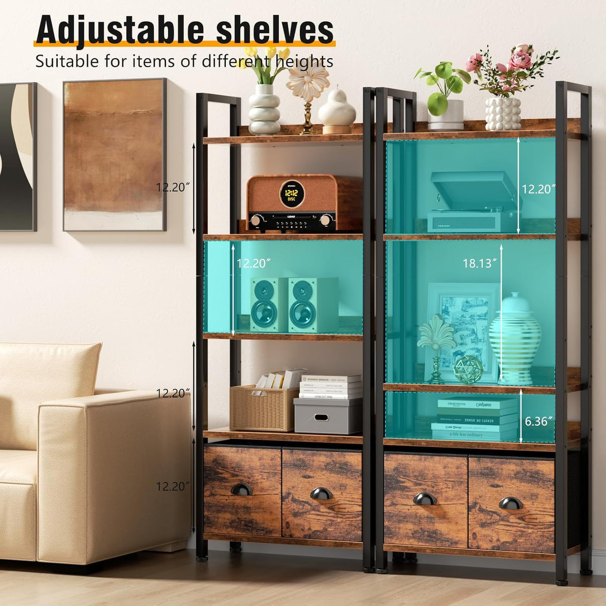 5-Tier Tall Bookshelf with 2 Fabric Drawers Z907431