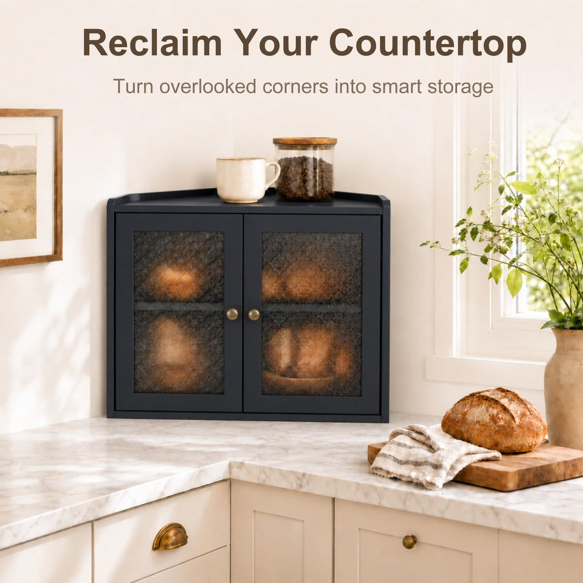 Black 2-Tier Wooden Corner Bread Box R2874