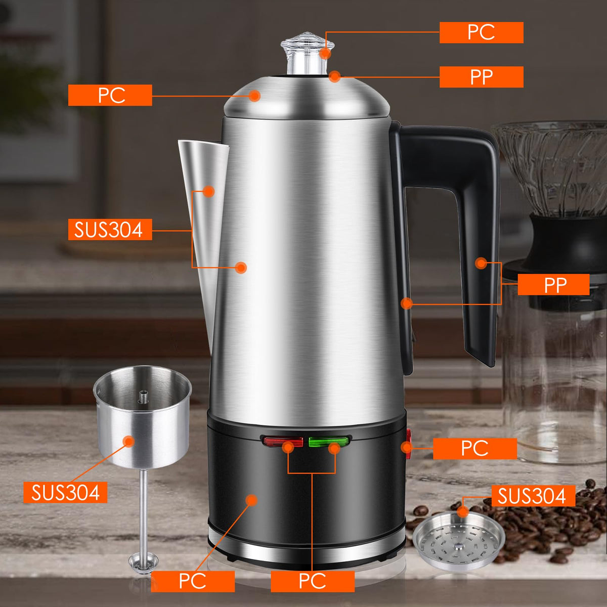 800W Stainless Steel Electric Coffee Percolator 12 Cups N63672