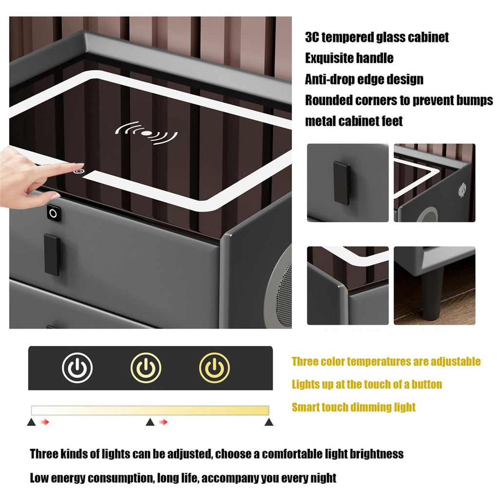 Gray Nightstand with Fingerprint Lock and Wireless Charging Y776916