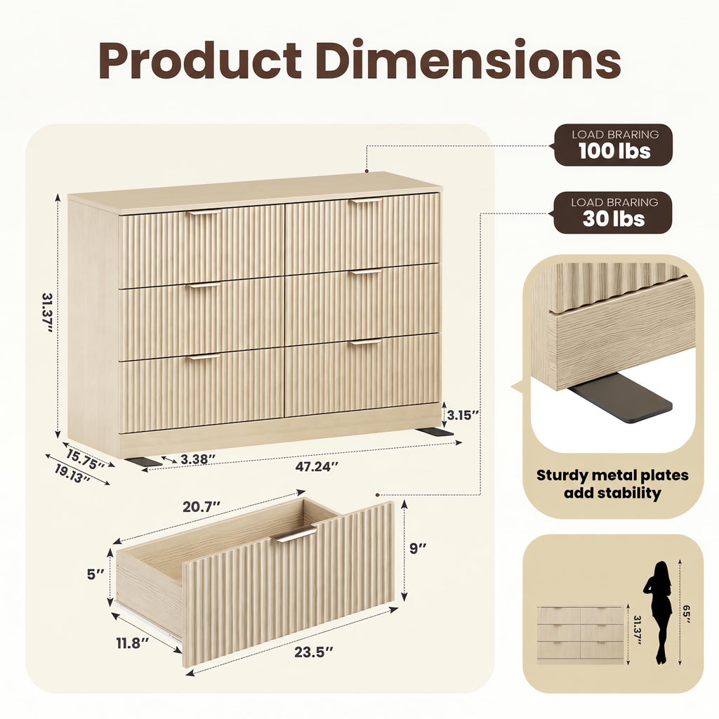 Natural Wood 6 Drawer Dresser J5227
