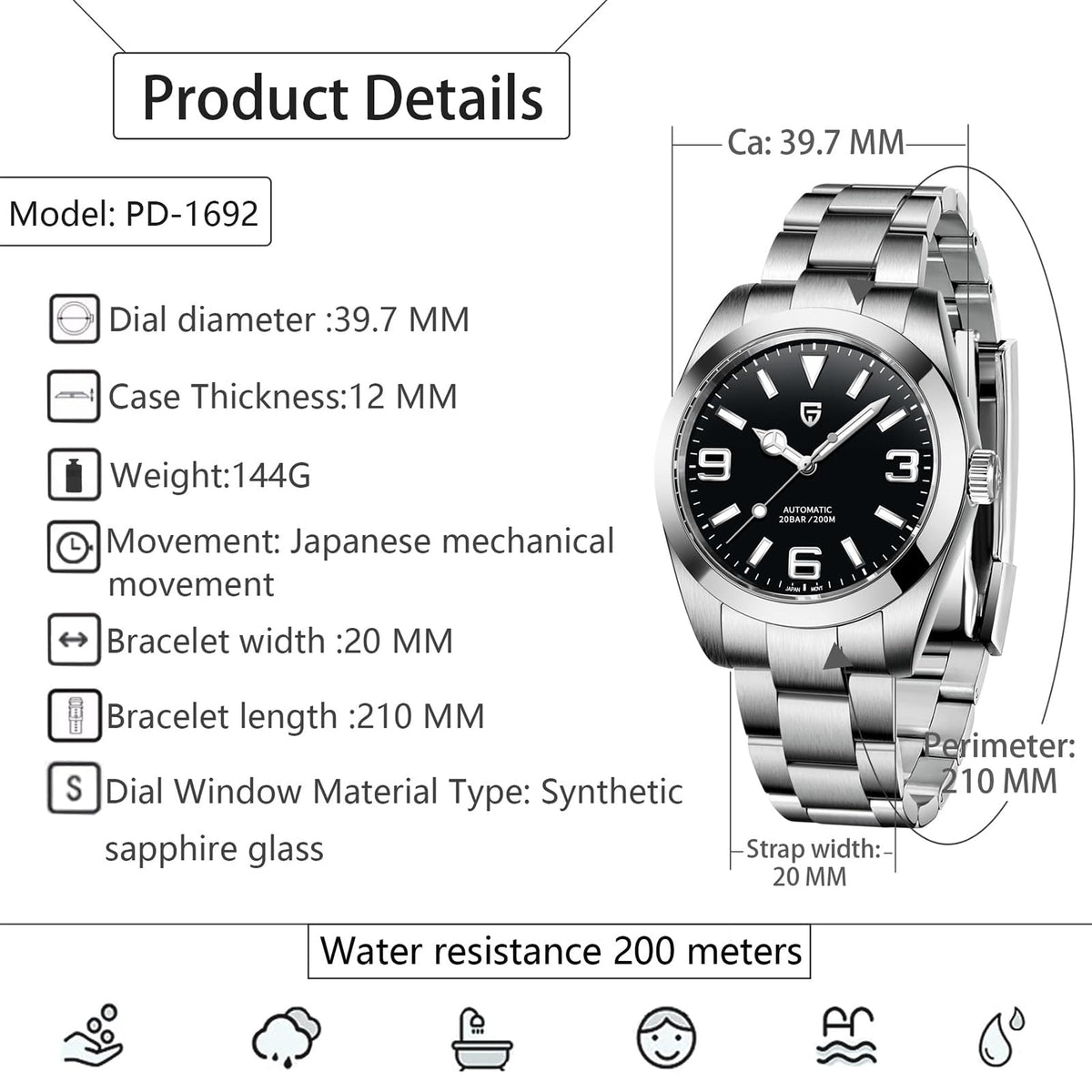 Automatic Diver Watch Sapphire Glass Stainless Steel 40MM Waterproof Wrist Watch U5044