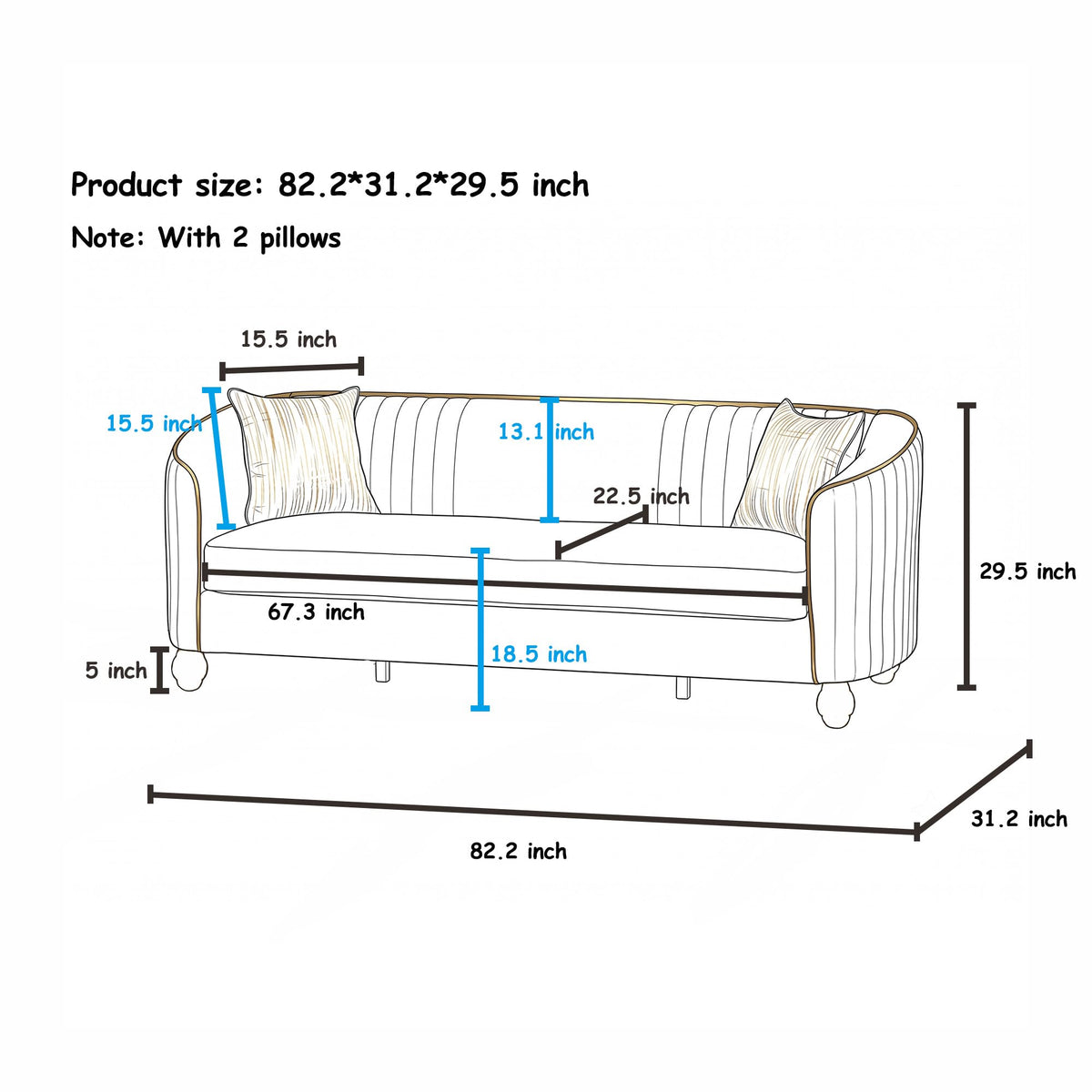 Velvet Modern Sofa Couch 3-Seater Deep Seat Sofa, Orange Q407