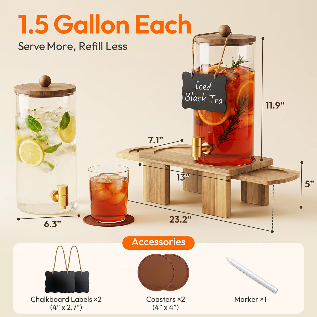 2 Pack 1.5 Gallon Drink Dispenser with Wood Stand K625