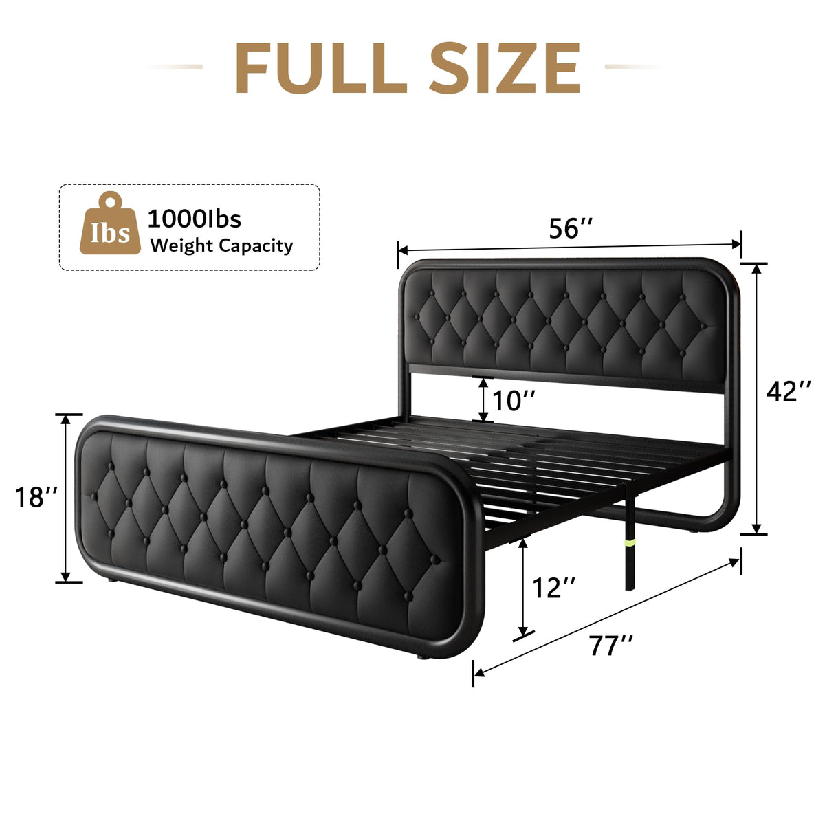 Full Size Black Metal Platform Bed Frame with Leather Headboard E199