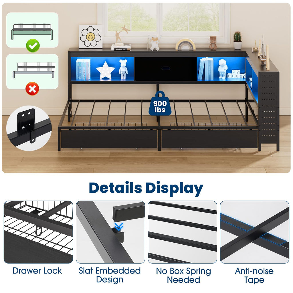 Twin Size Metal Corner Bed Frame with Storage Bookcase Headboard C3582