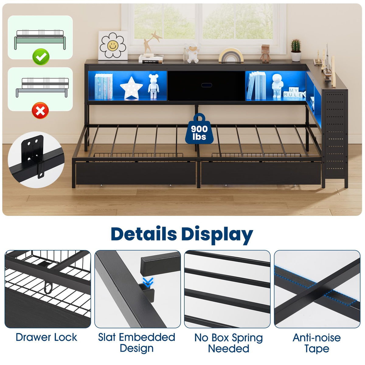 Twin Size Metal Corner Bed Frame with Storage Bookcase Headboard C3582