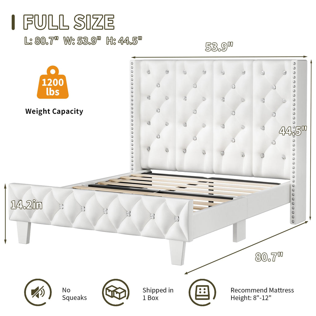 White Upholstered Full Size Bed Frame with Headboard E60685
