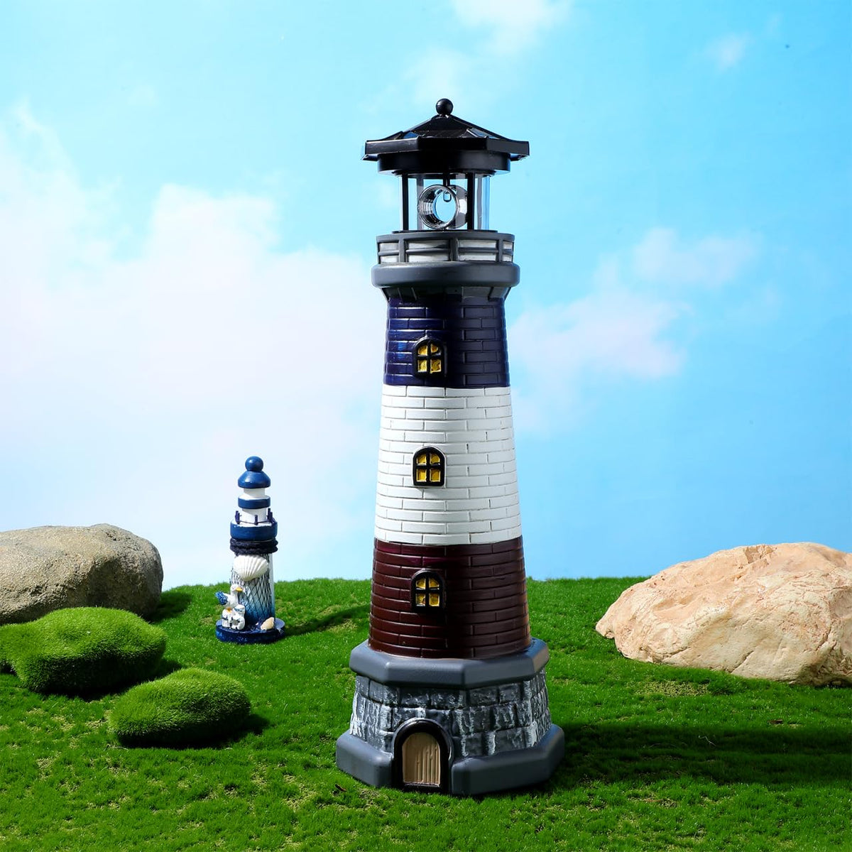 Solar Lighthouse Statue, Resin Waterproof, Black, 4.72 X 4.72 X 14.76 Inches P272
