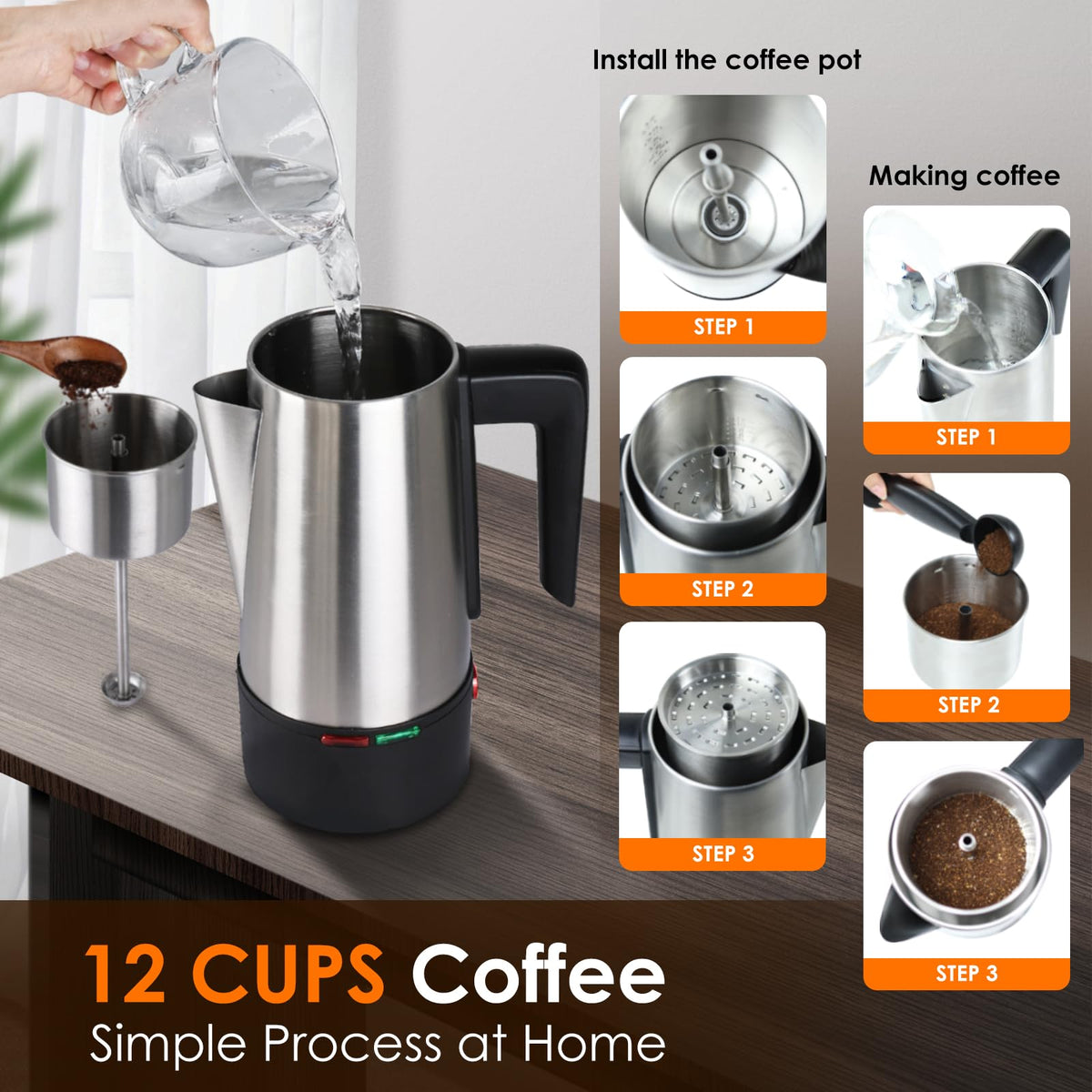 800W Stainless Steel Electric Coffee Percolator 12 Cups N63672