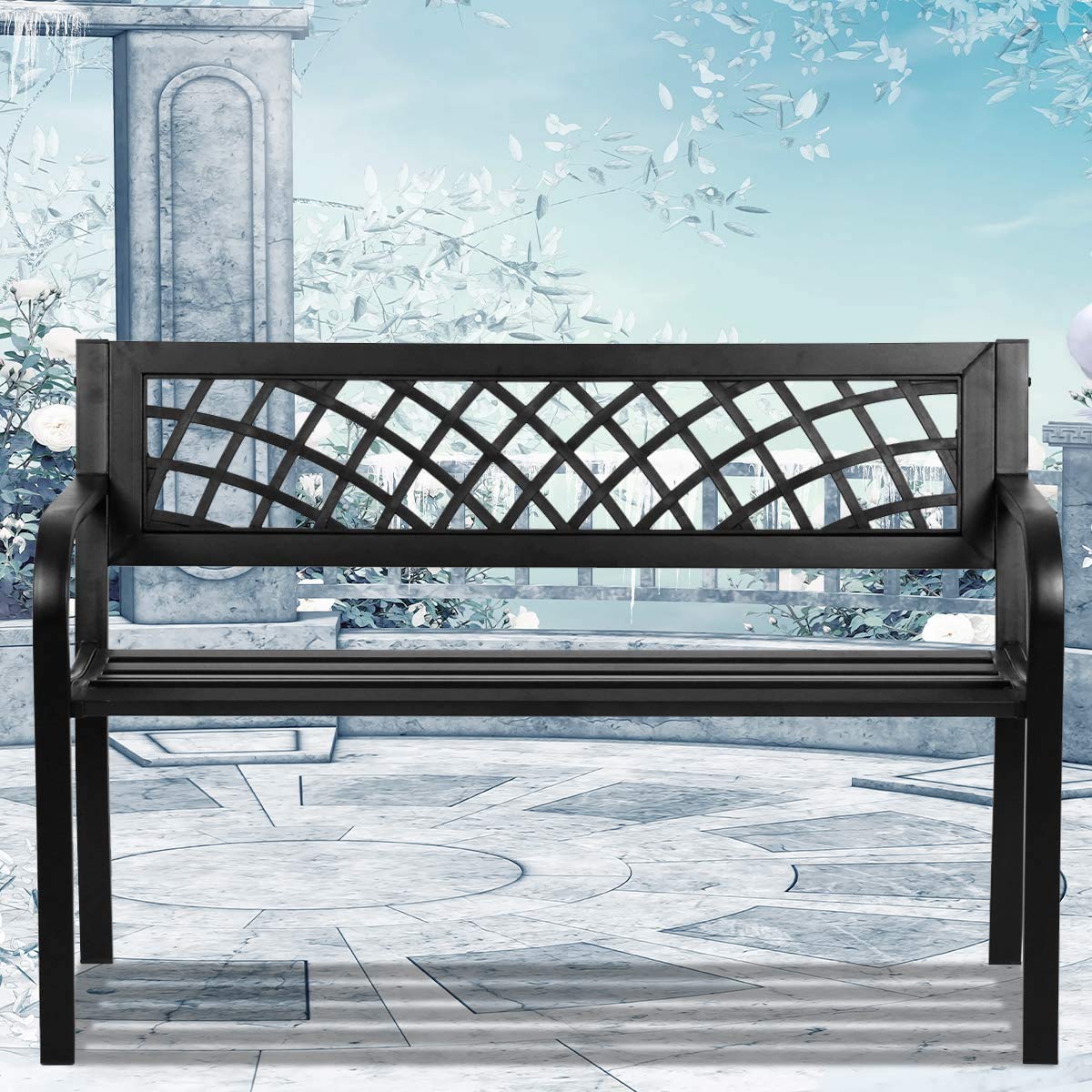 400 lbs Cast Iron Outdoor Bench with Black Checkered Design I71023
