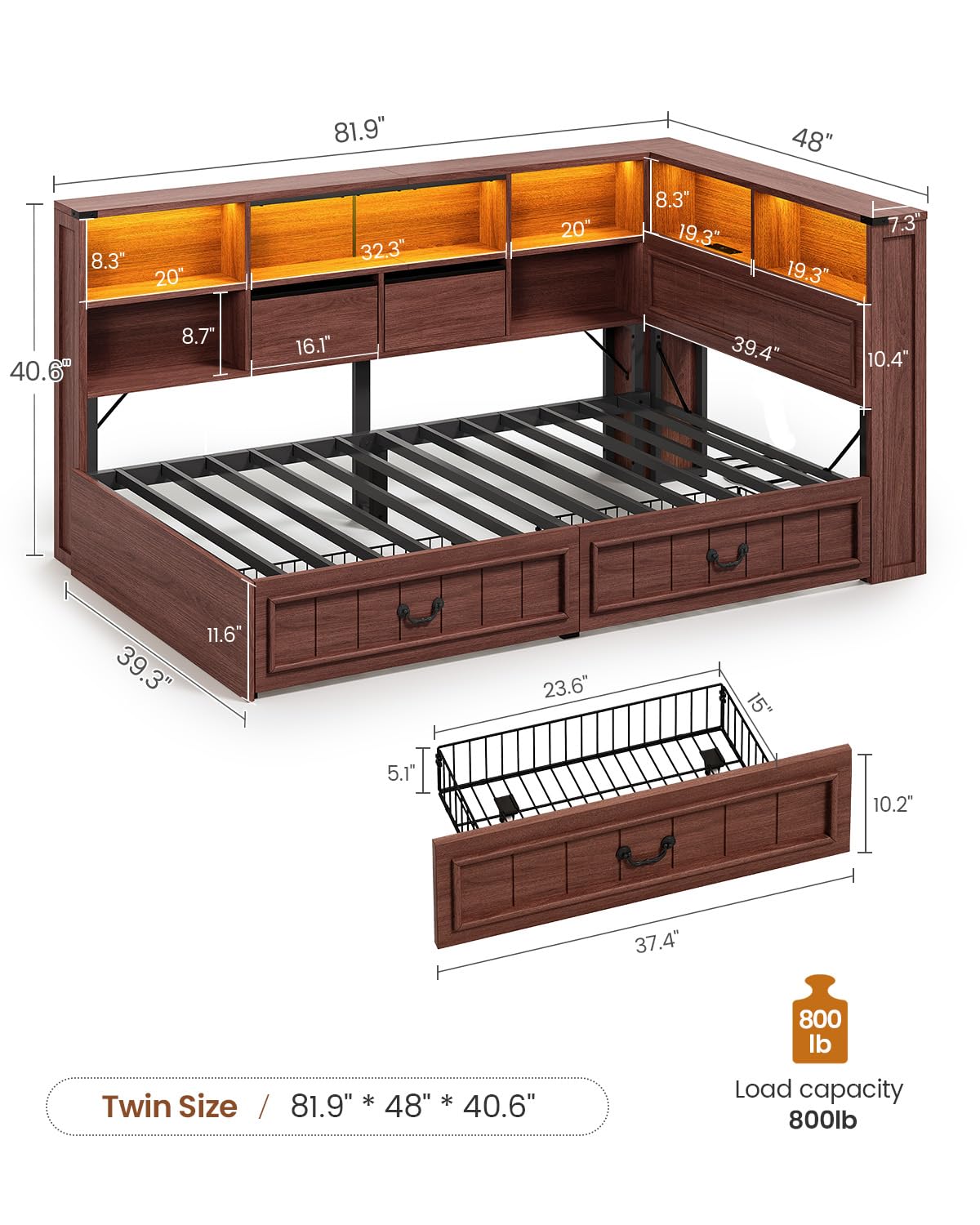 Twin Corner Bed Frame with Storage Drawers and Bookcase O8090