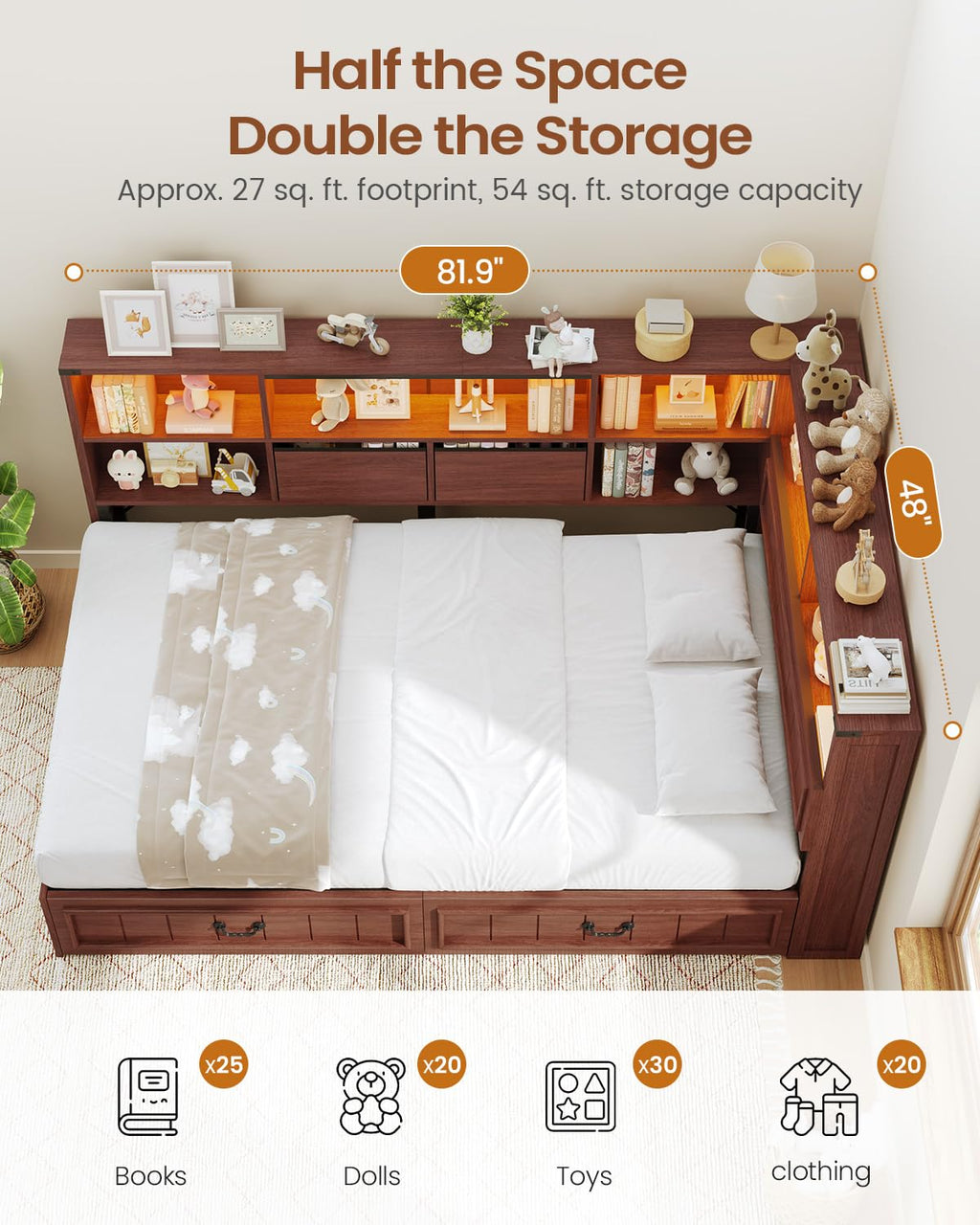 Twin Corner Bed Frame with Storage Drawers and Bookcase O8090