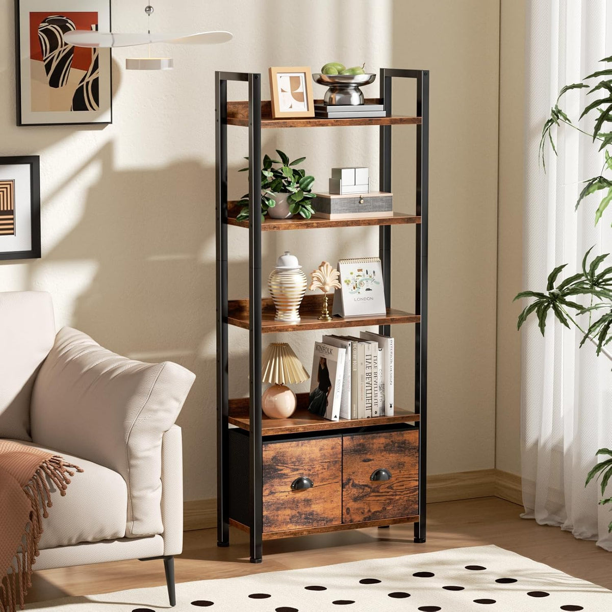5-Tier Tall Bookshelf with 2 Fabric Drawers Z907431