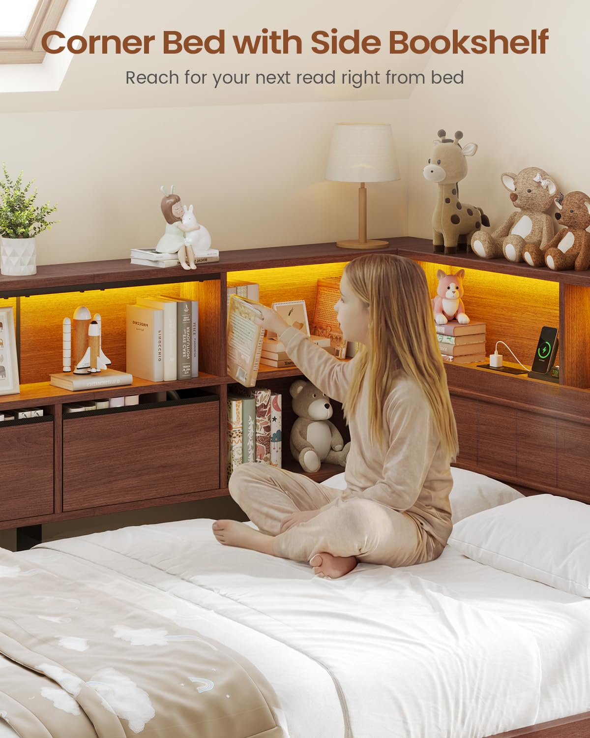 Twin Corner Bed Frame with Storage Drawers and Bookcase O8090