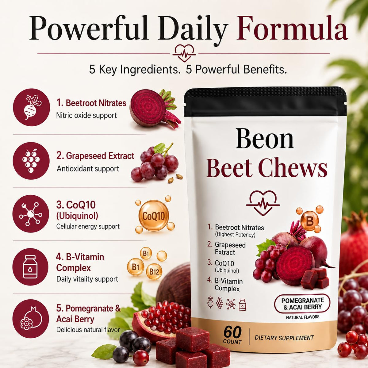 Beetroot Chews Gummies with Grape Seed & L-CoQ10, 60 Chew C75381