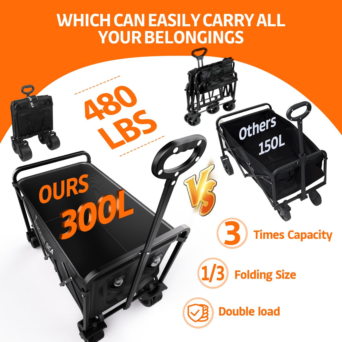 300L Foldable Collapsible Wagon Cart with All-Terrain Wheels S984