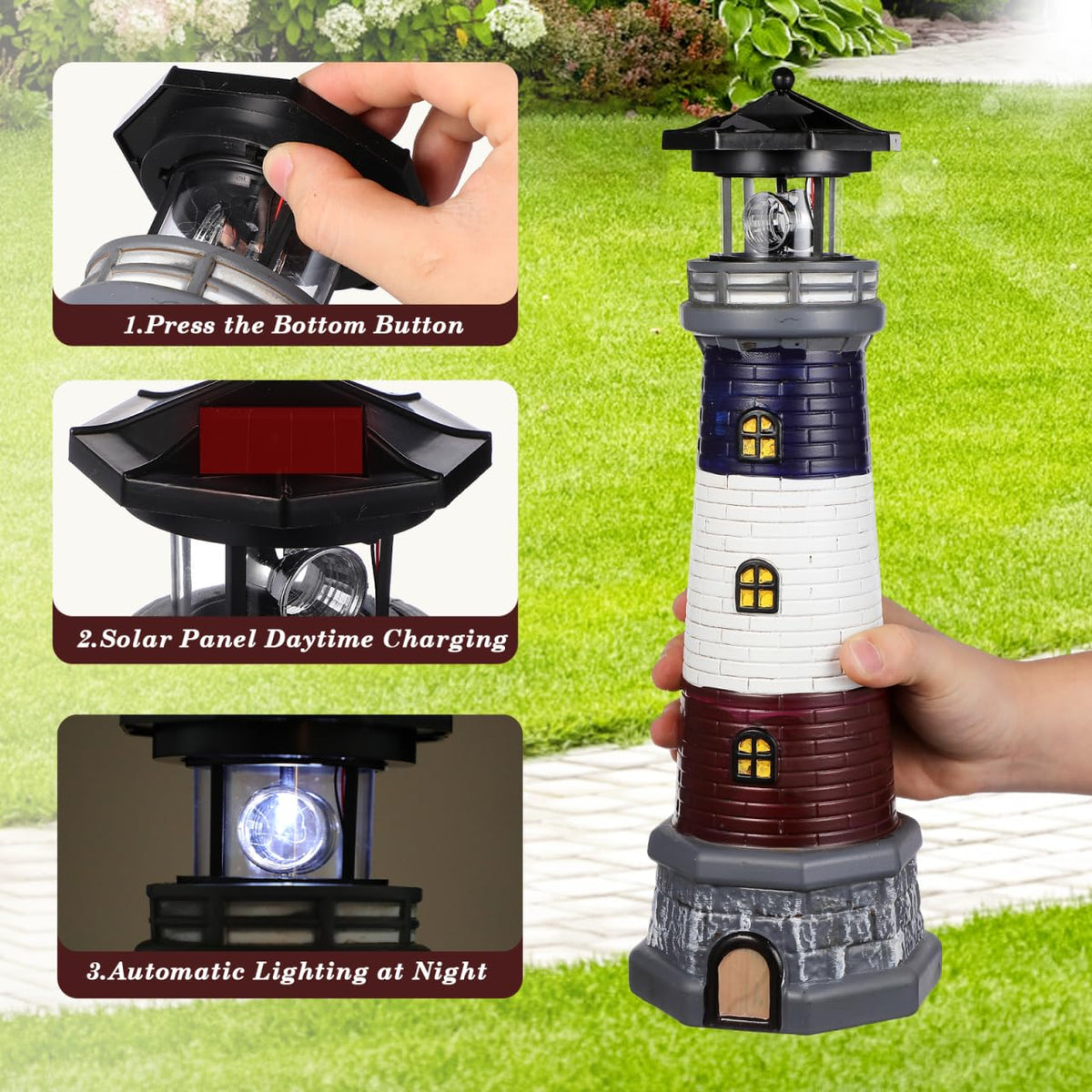 Solar Lighthouse Statue, Resin Waterproof, Black, 4.72 X 4.72 X 14.76 Inches P272