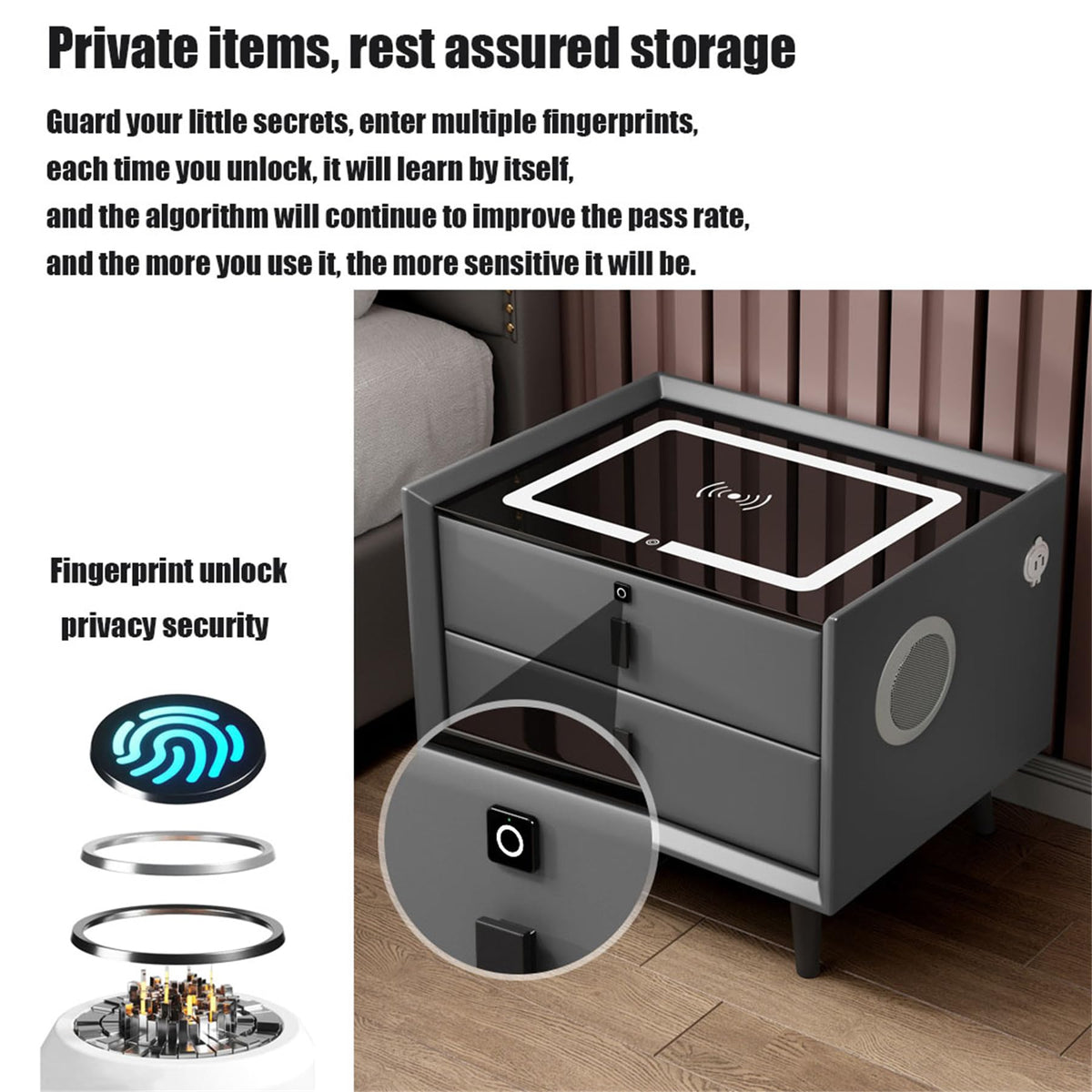Gray Nightstand with Fingerprint Lock and Wireless Charging Y776916