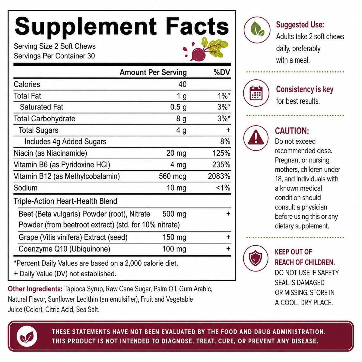 Beetroot Chews Gummies with Grape Seed & L-CoQ10, 60 Chew C75381