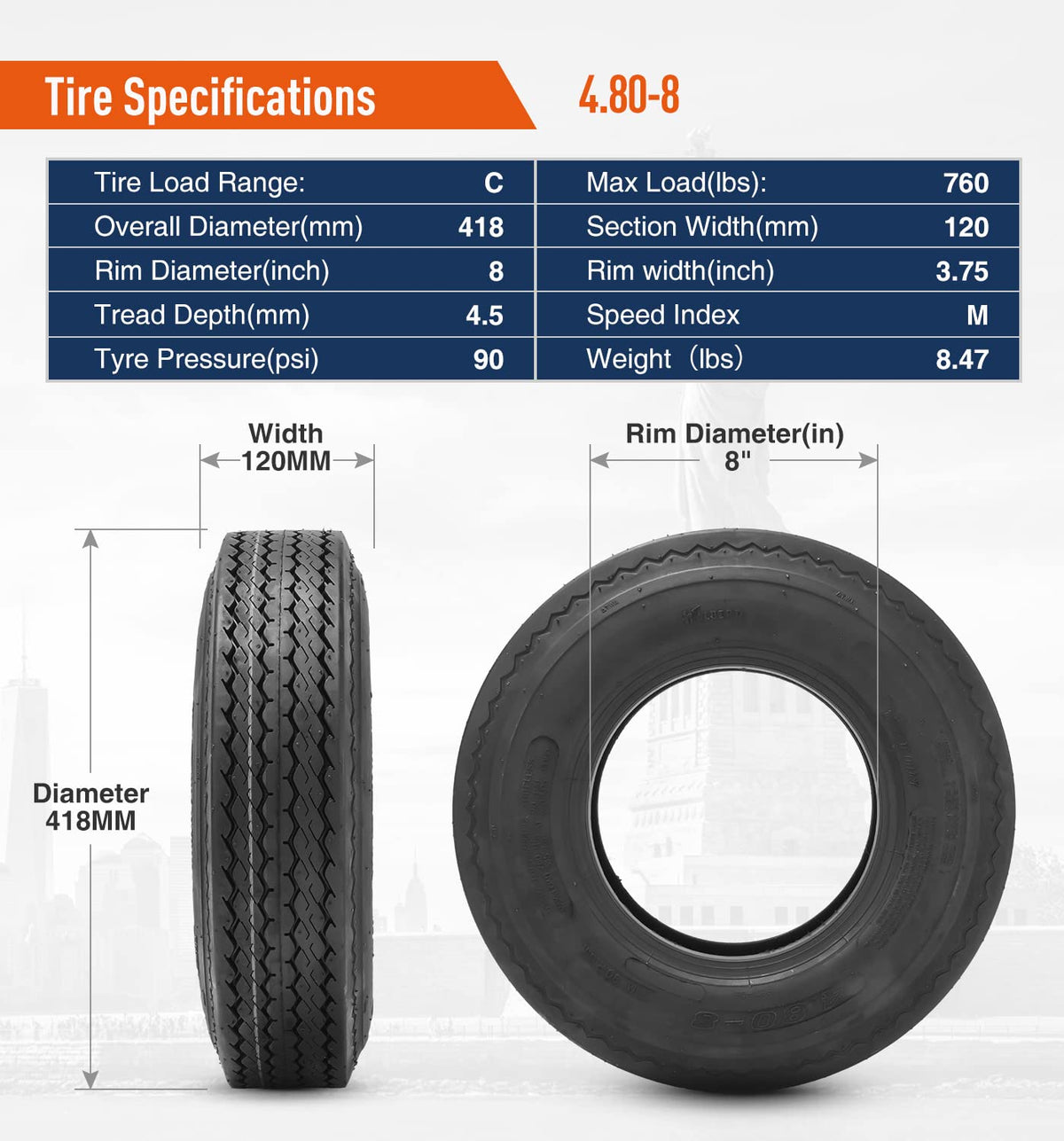8 Trailer Tires Set of 2 Tubeless 6PR Load Range C L319819