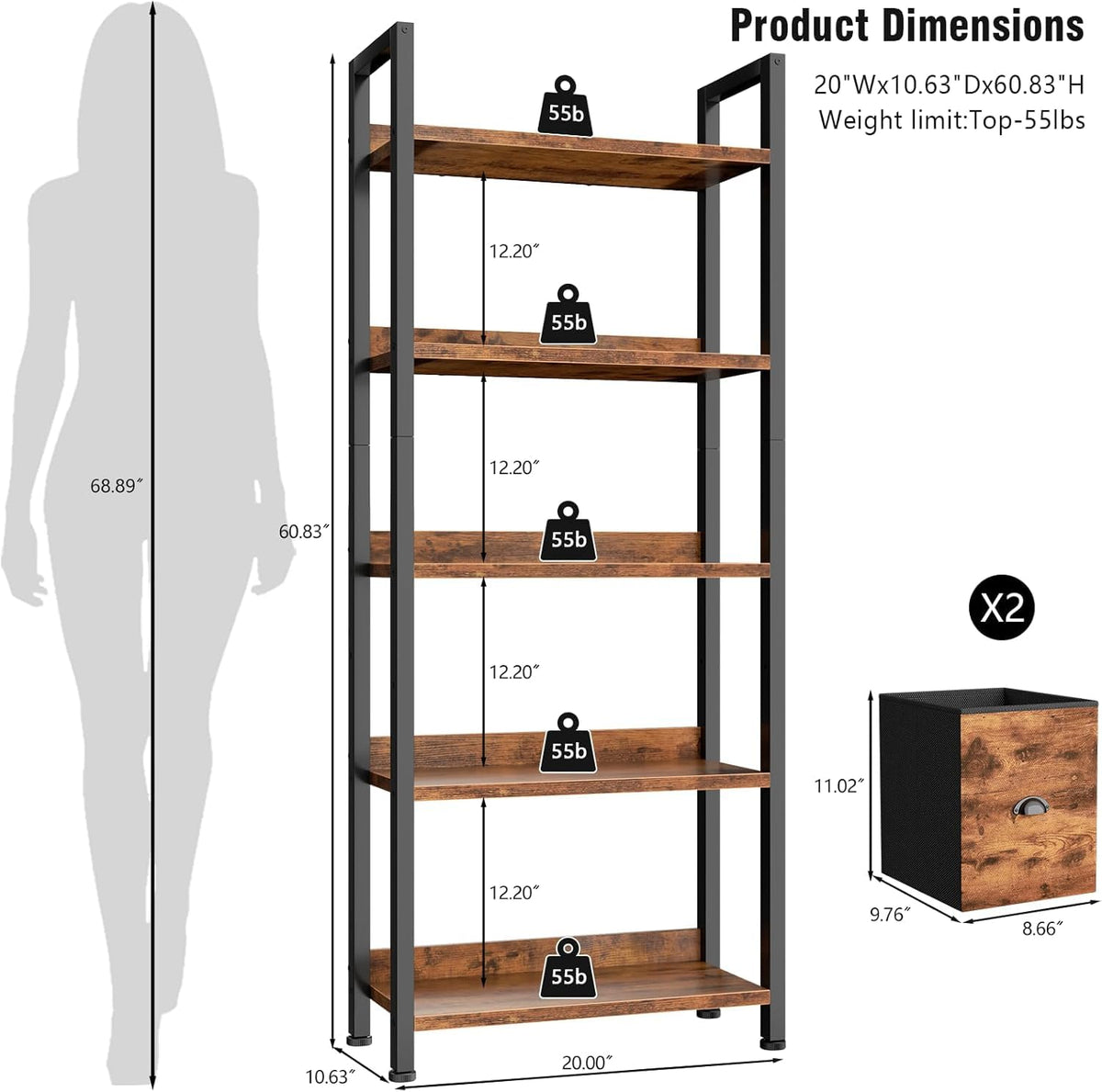 5-Tier Tall Bookshelf with 2 Fabric Drawers Z907431