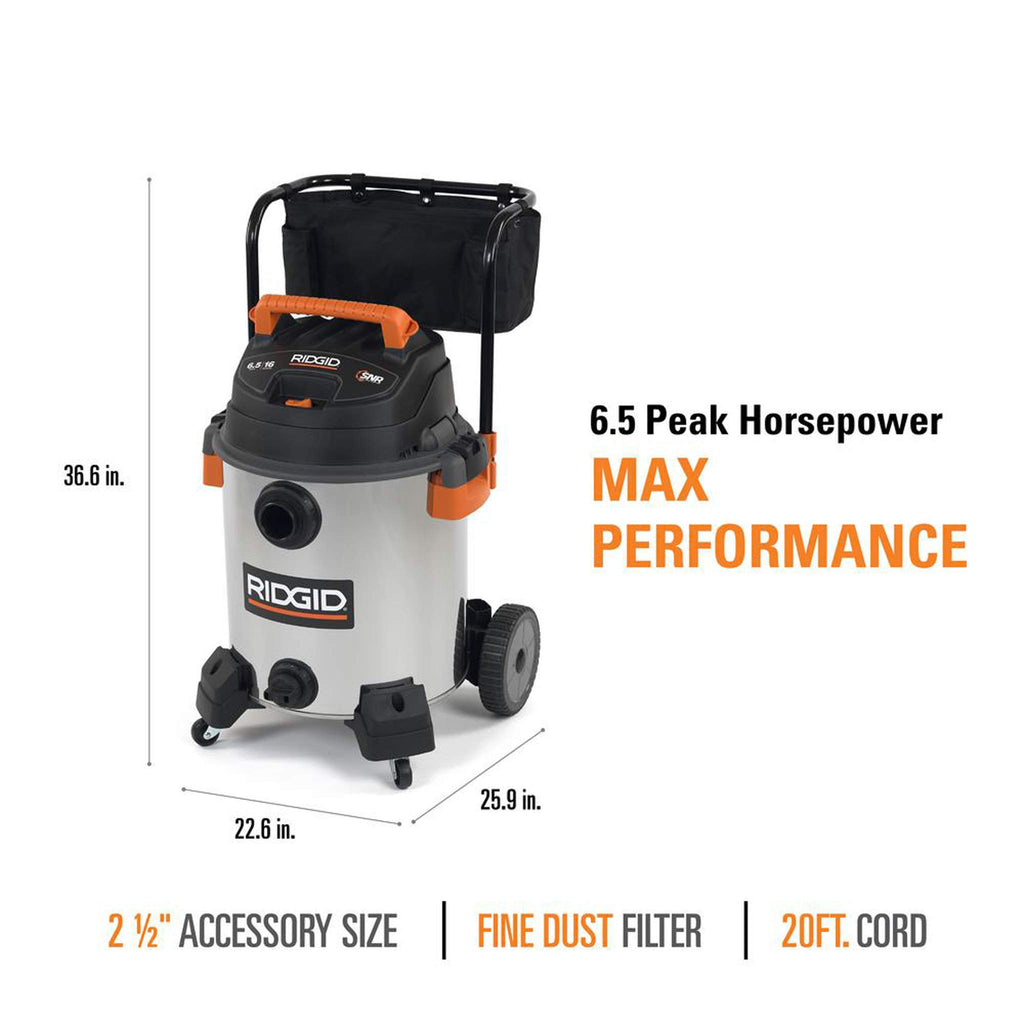 16 Gallon 6.5 Peak HP Stainless Steel Wet Dry Shop Vacuum B83484