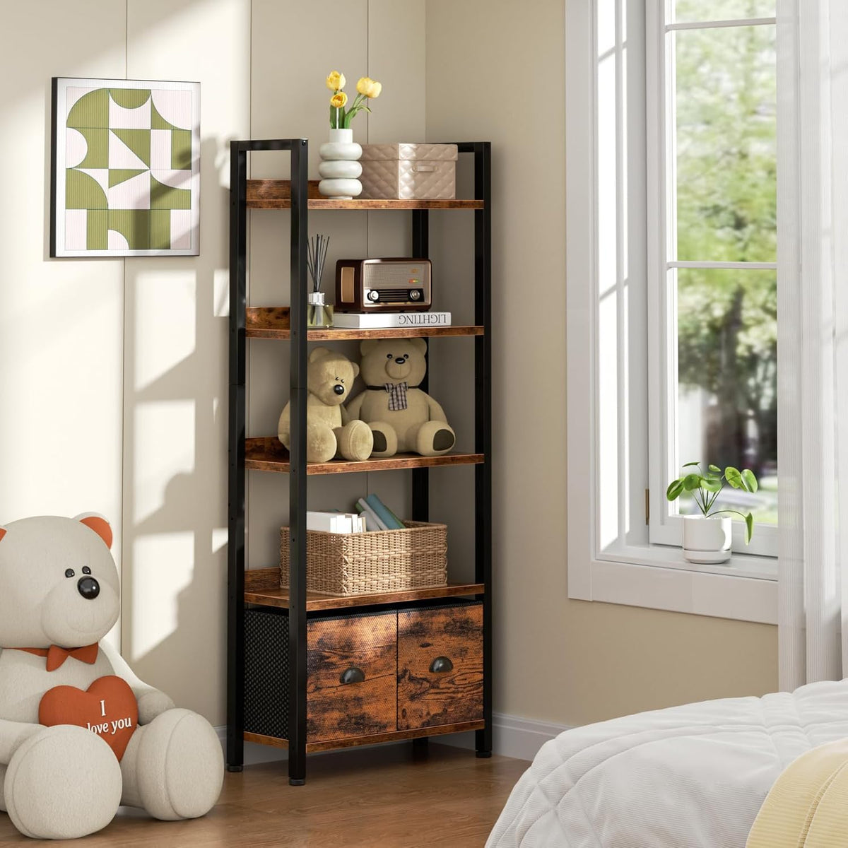5-Tier Tall Bookshelf with 2 Fabric Drawers Z907431