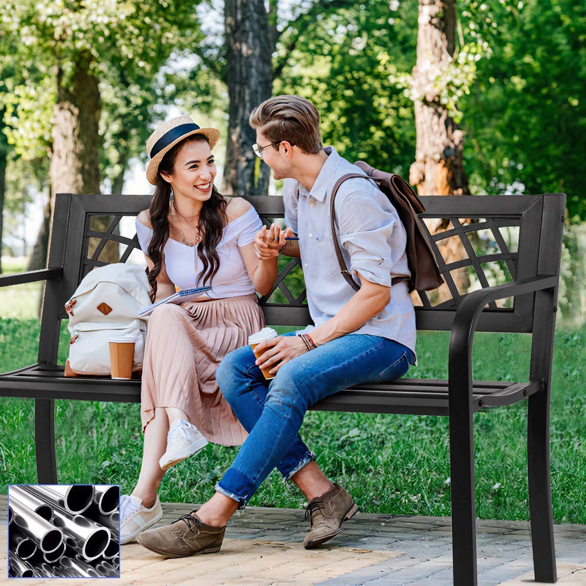 400 lbs Cast Iron Outdoor Bench with Black Checkered Design I71023