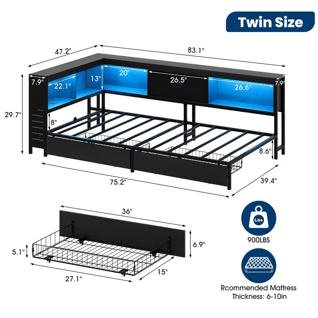 Twin Size Metal Corner Bed Frame with Storage Bookcase Headboard C3582