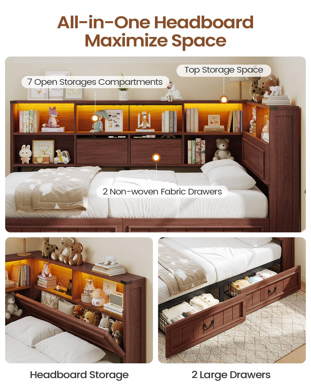 Twin Corner Bed Frame with Storage Drawers and Bookcase O8090