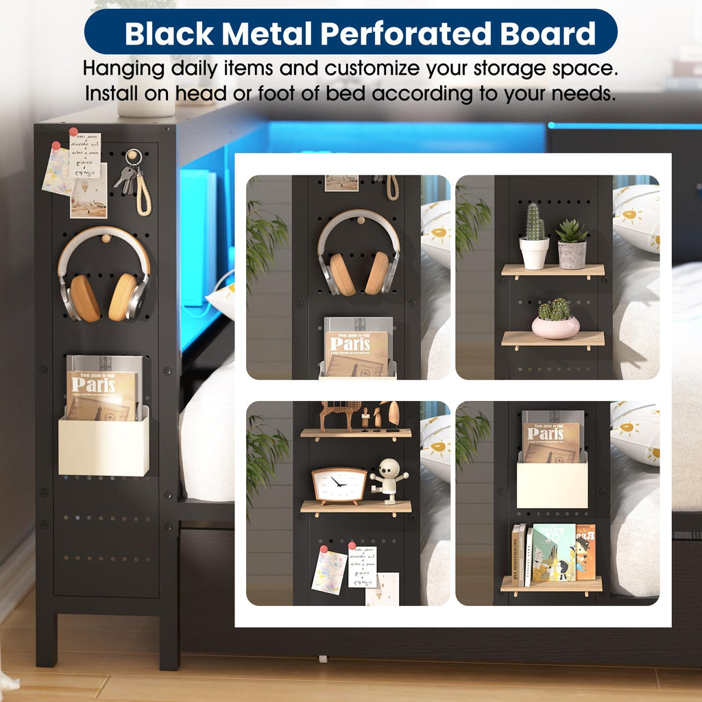 Twin Size Metal Corner Bed Frame with Storage Bookcase Headboard C3582