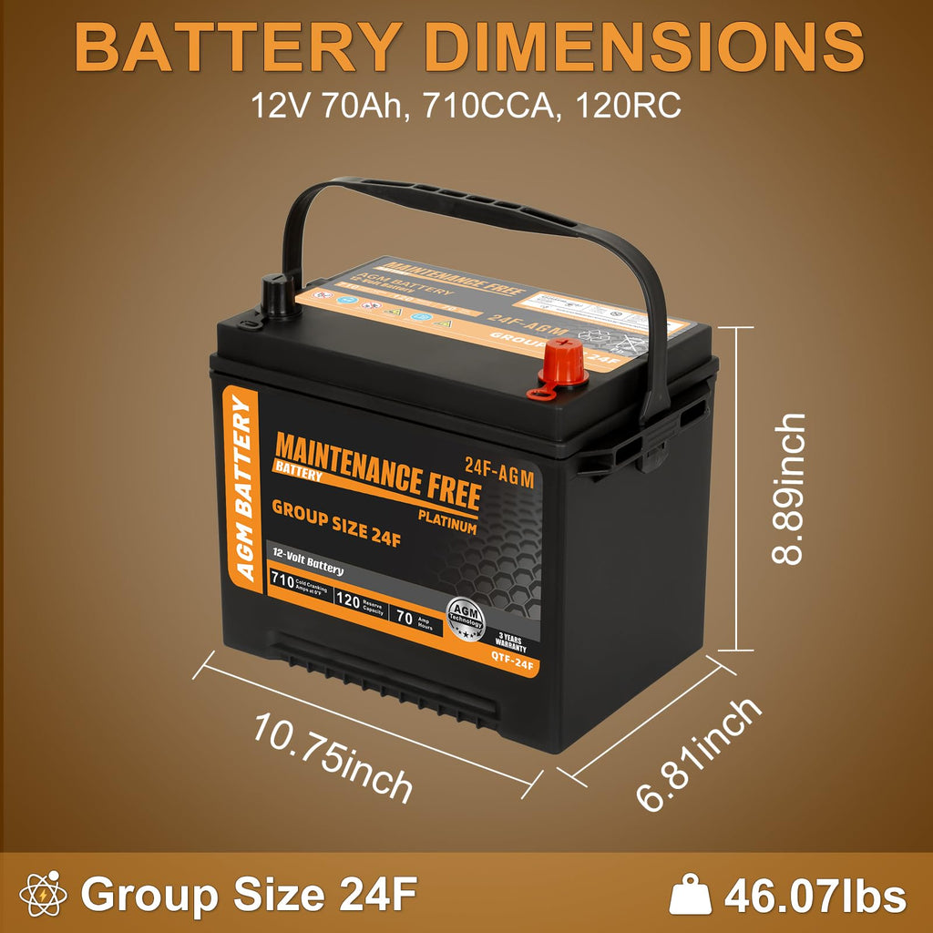 Group Size 24F AGM Automotive Battery 12V 70Ah 710 CCA V194