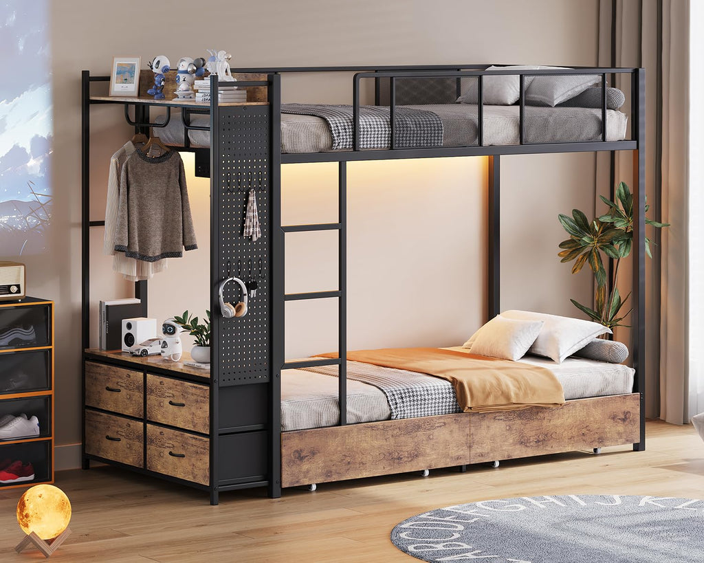 Twin Over Twin Metal Bunk Bed with Storage Drawers S4930