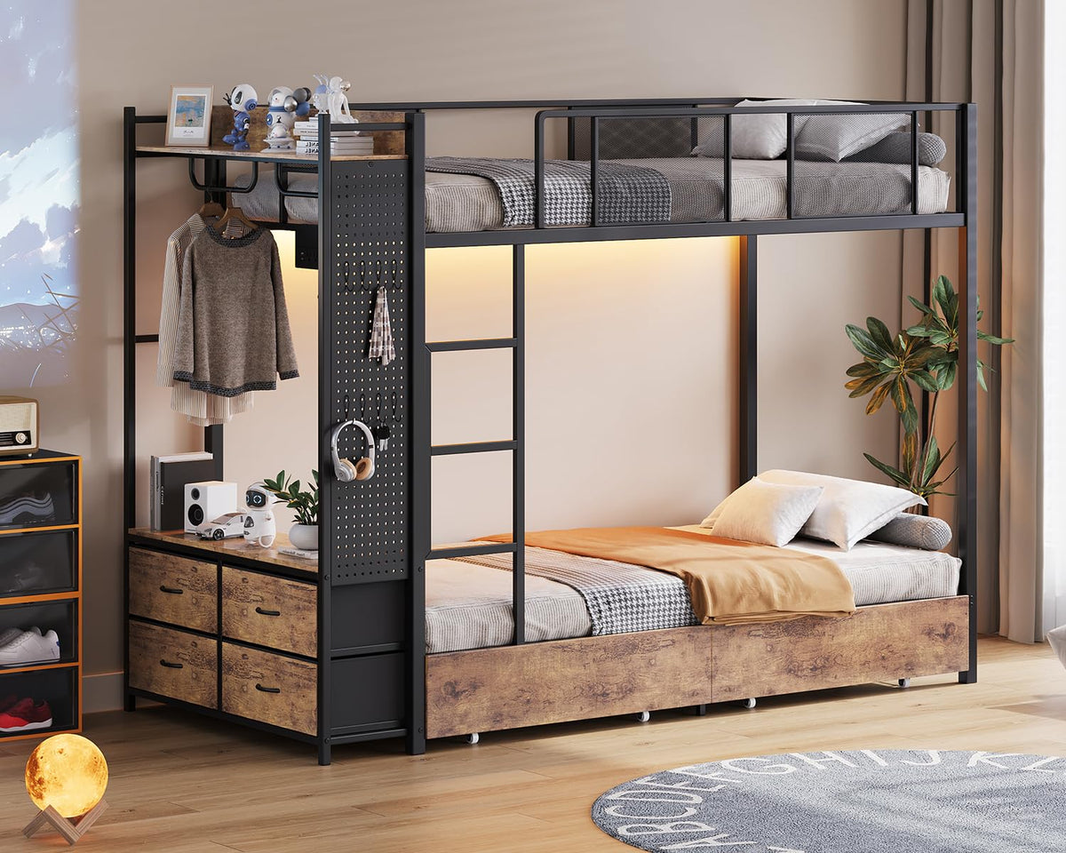 Twin Over Twin Metal Bunk Bed with Storage Drawers S4930