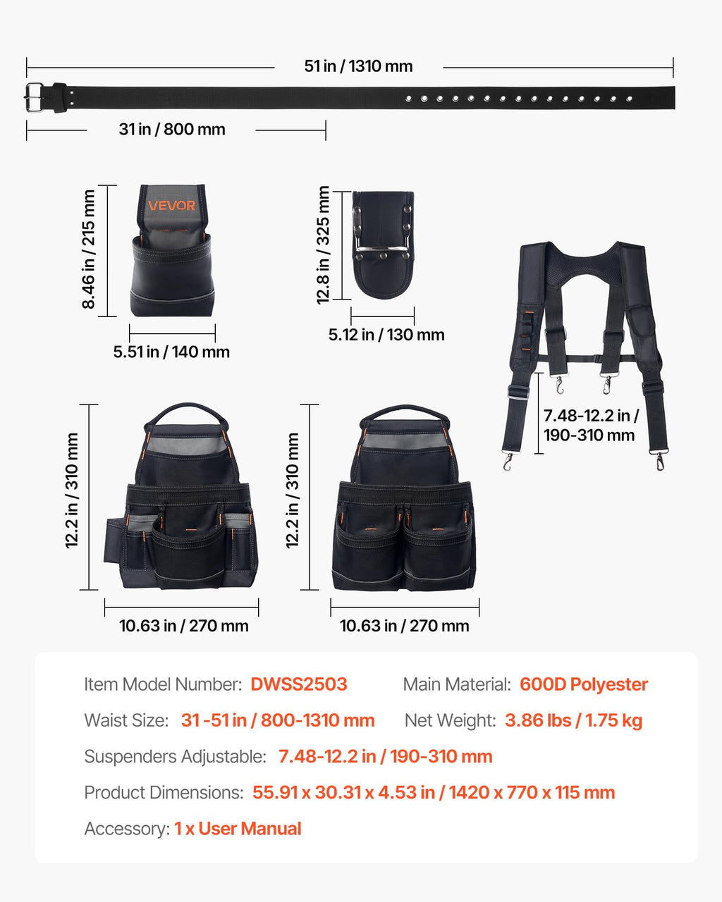 19 Pockets Adjustable Tool Belt with Suspenders K734078