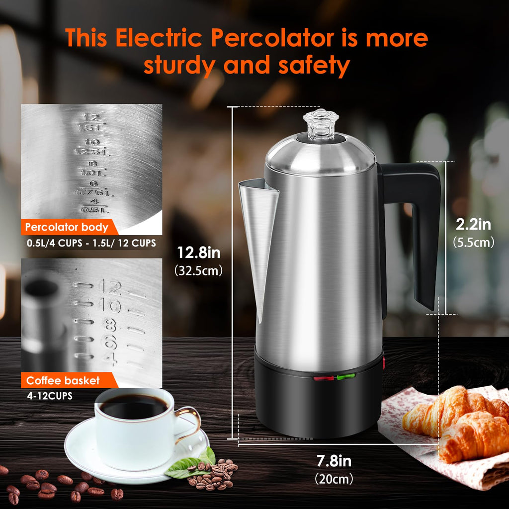 800W Stainless Steel Electric Coffee Percolator 12 Cups N63672