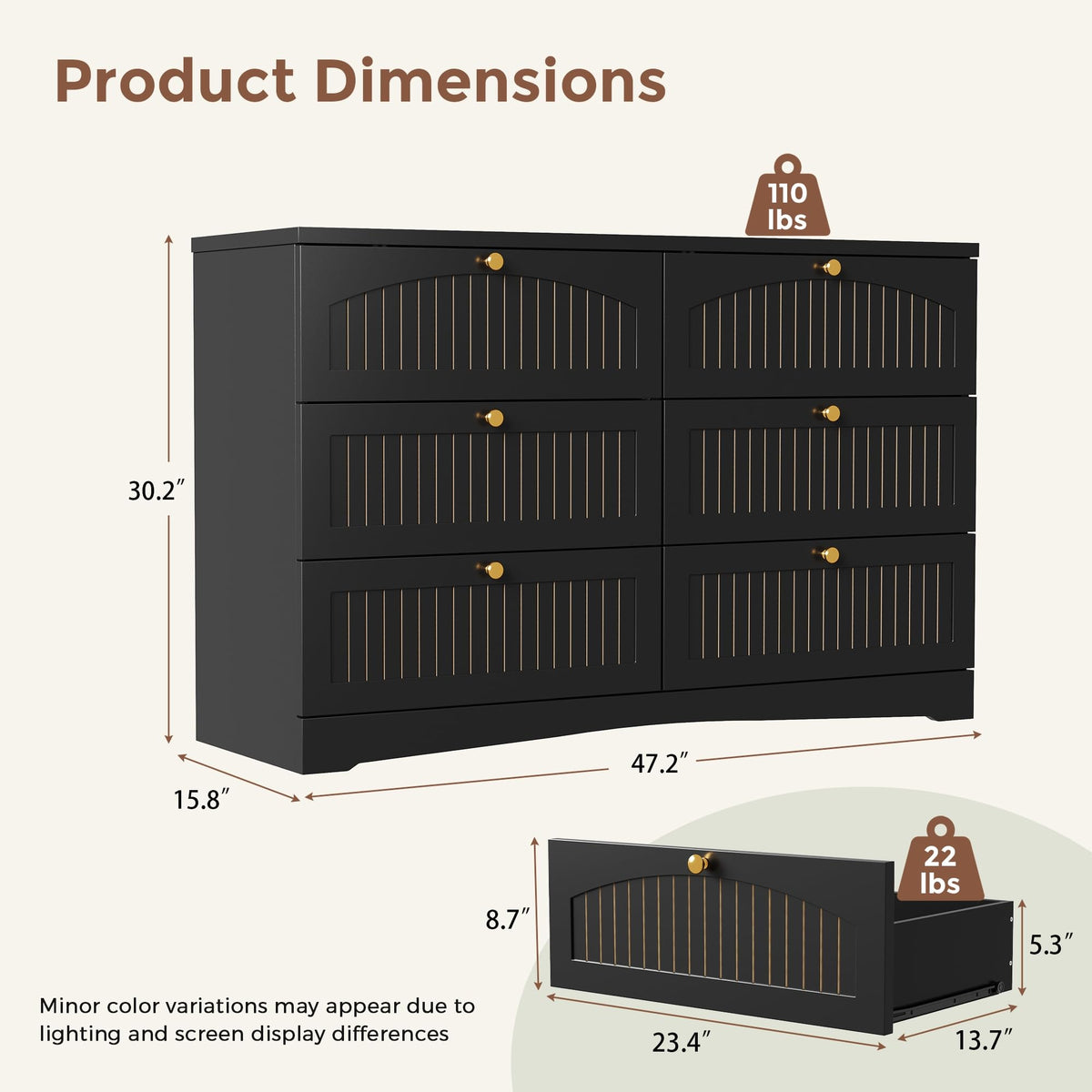 Black 6 Drawer Fluted Wood Dresser S26178