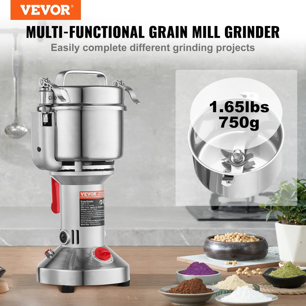 750g 2000W Stainless Steel Electric Grain Mill Grinder E107264