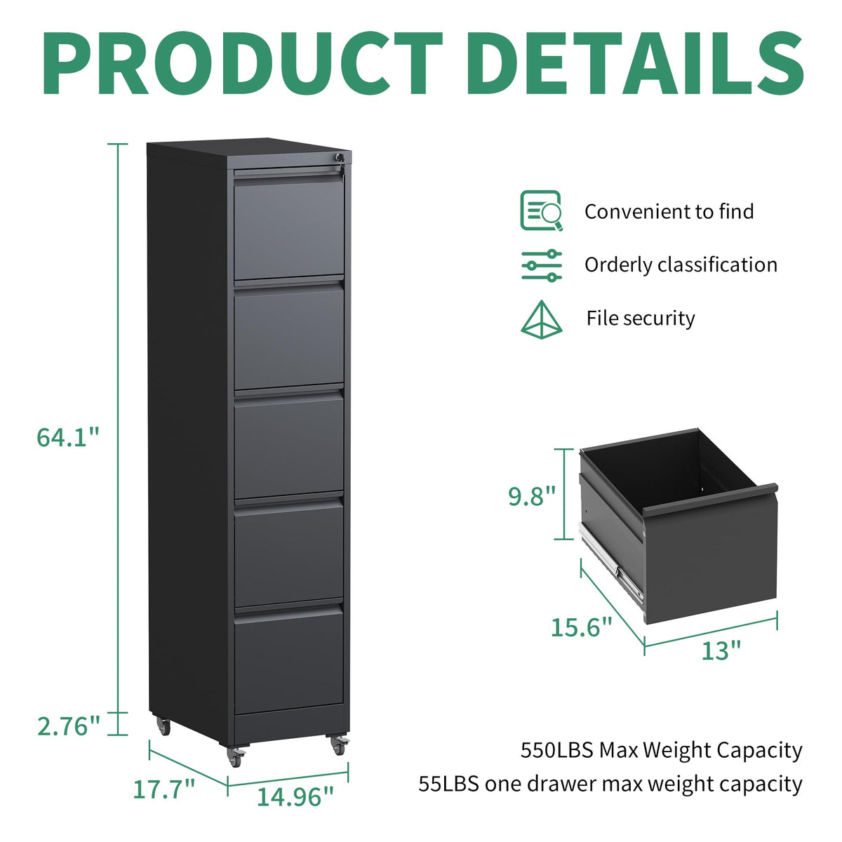 5 Drawer Black Steel File Cabinet with Lock O306