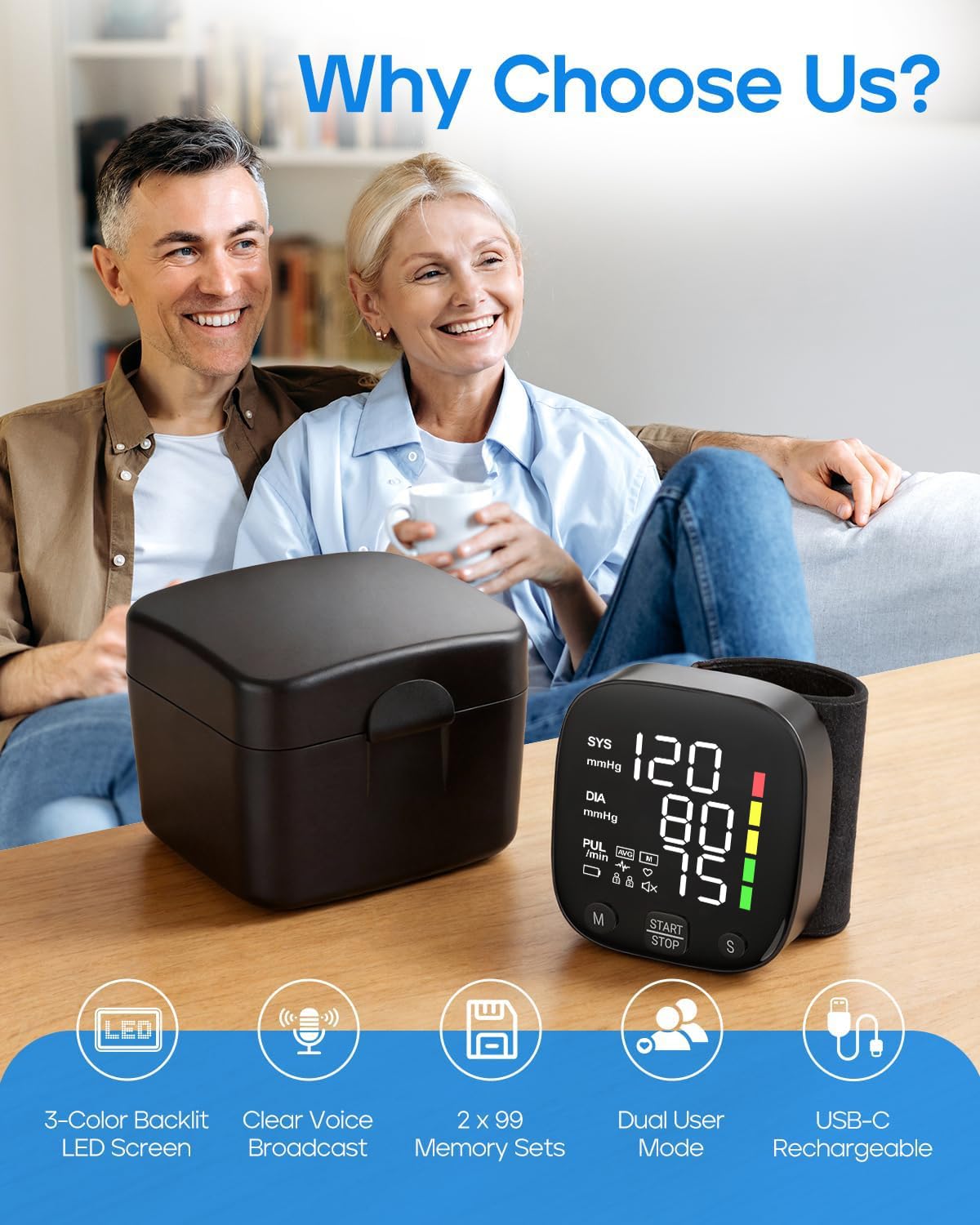 Wrist Blood Pressure Monitor LED Display 2x99 Memory Type-C Rechargeable U43060
