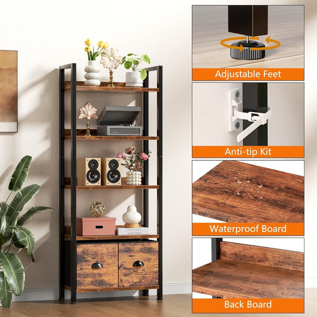5-Tier Tall Bookshelf with 2 Fabric Drawers Z907431