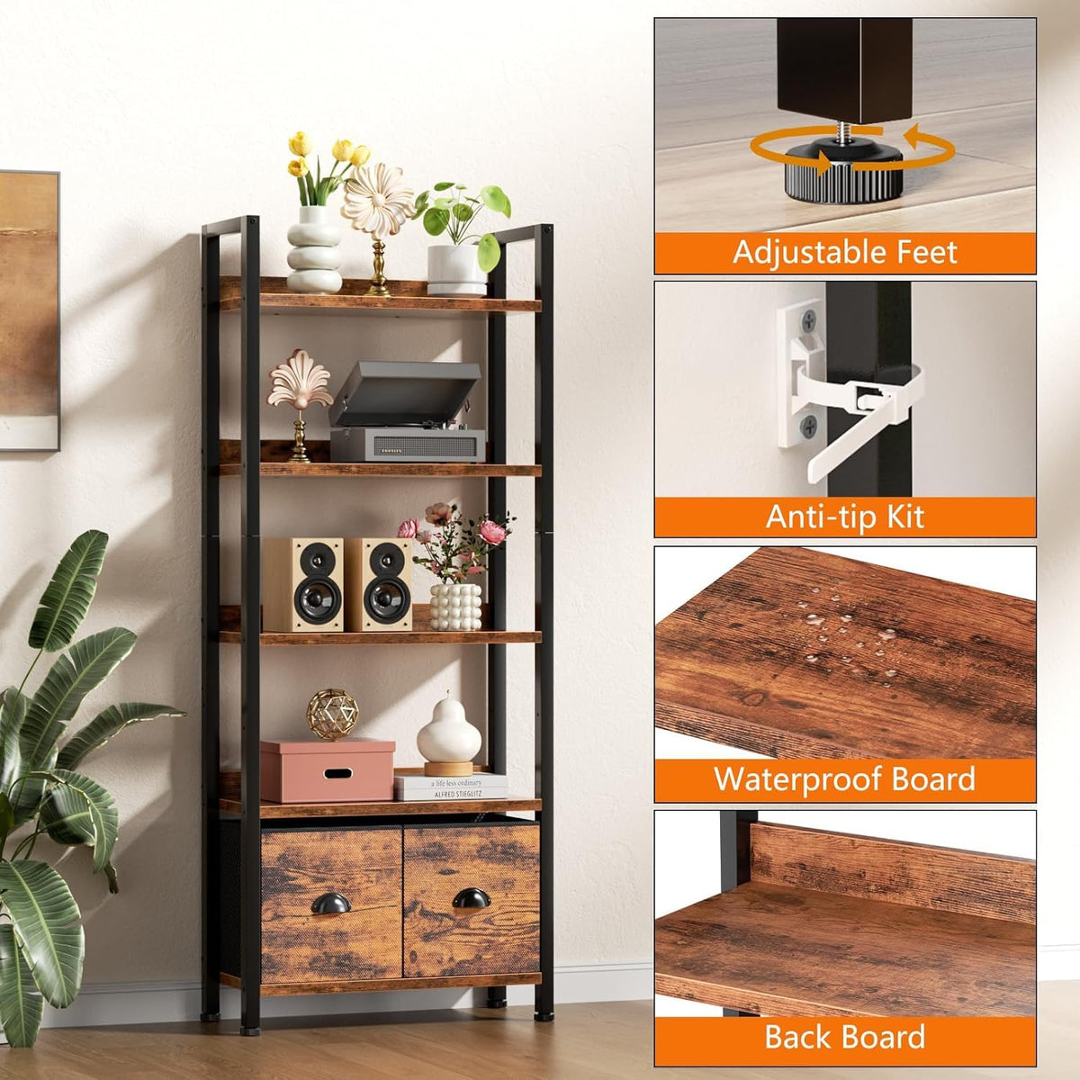 5-Tier Tall Bookshelf with 2 Fabric Drawers Z907431