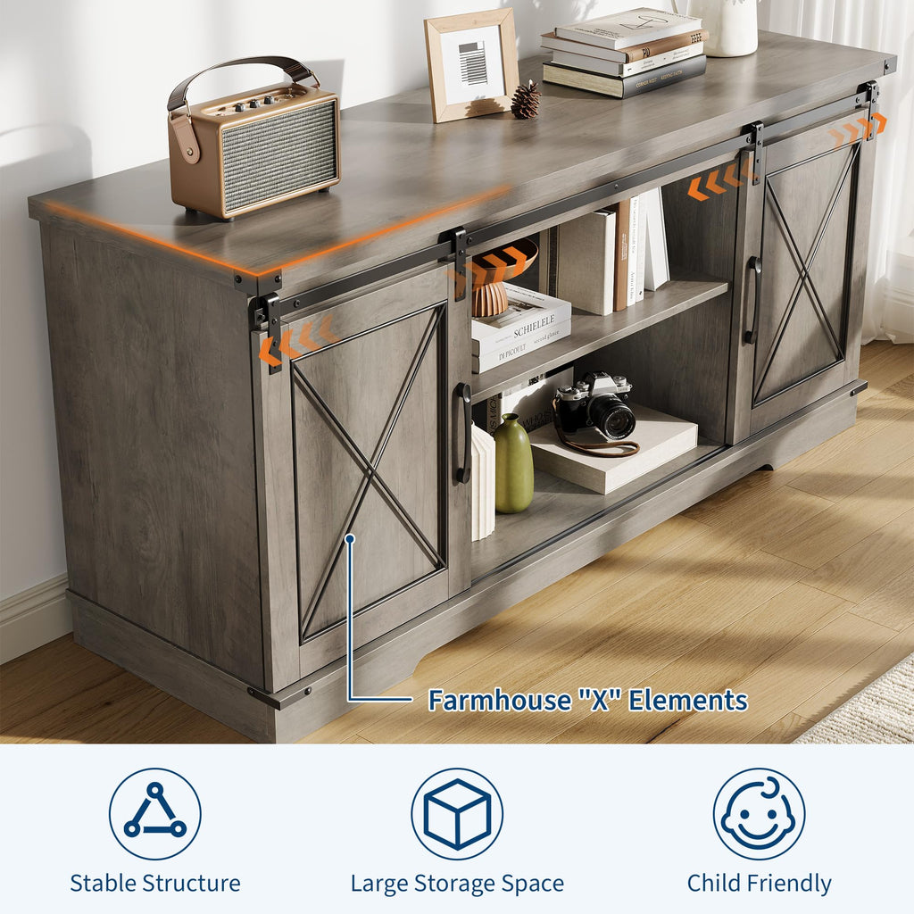 Farmhouse TV Stand 65+ inch with Sliding Barn Doors and Storage Cabinets L404