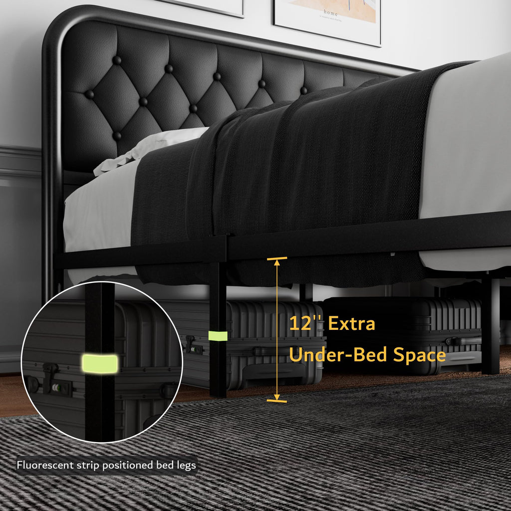 Full Size Black Metal Platform Bed Frame with Leather Headboard E199