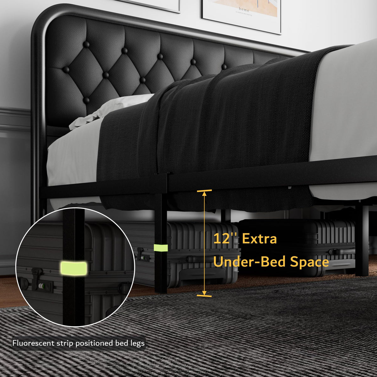 Full Size Black Metal Platform Bed Frame with Leather Headboard E199
